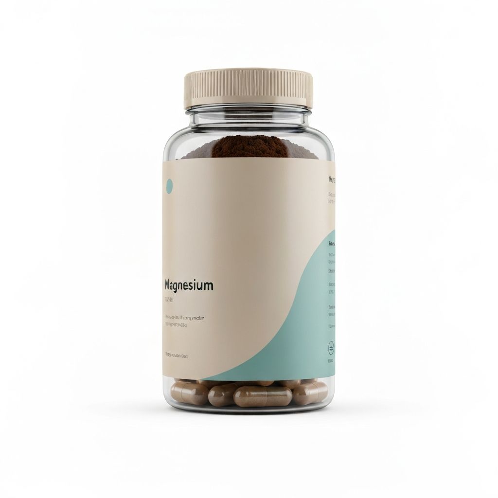 Magnesium supplement bottle with capsules visible