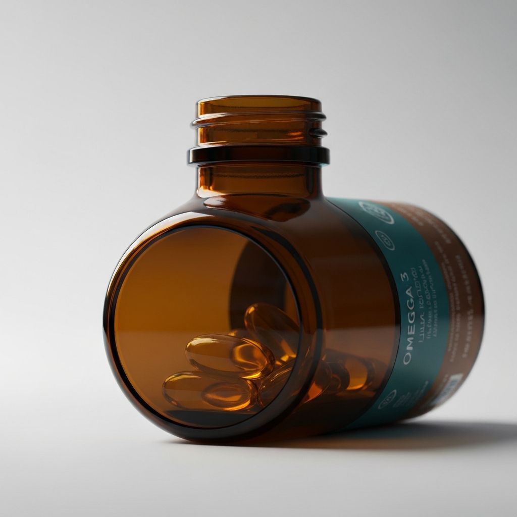 Omega-3 supplement liquid capsules in amber bottle