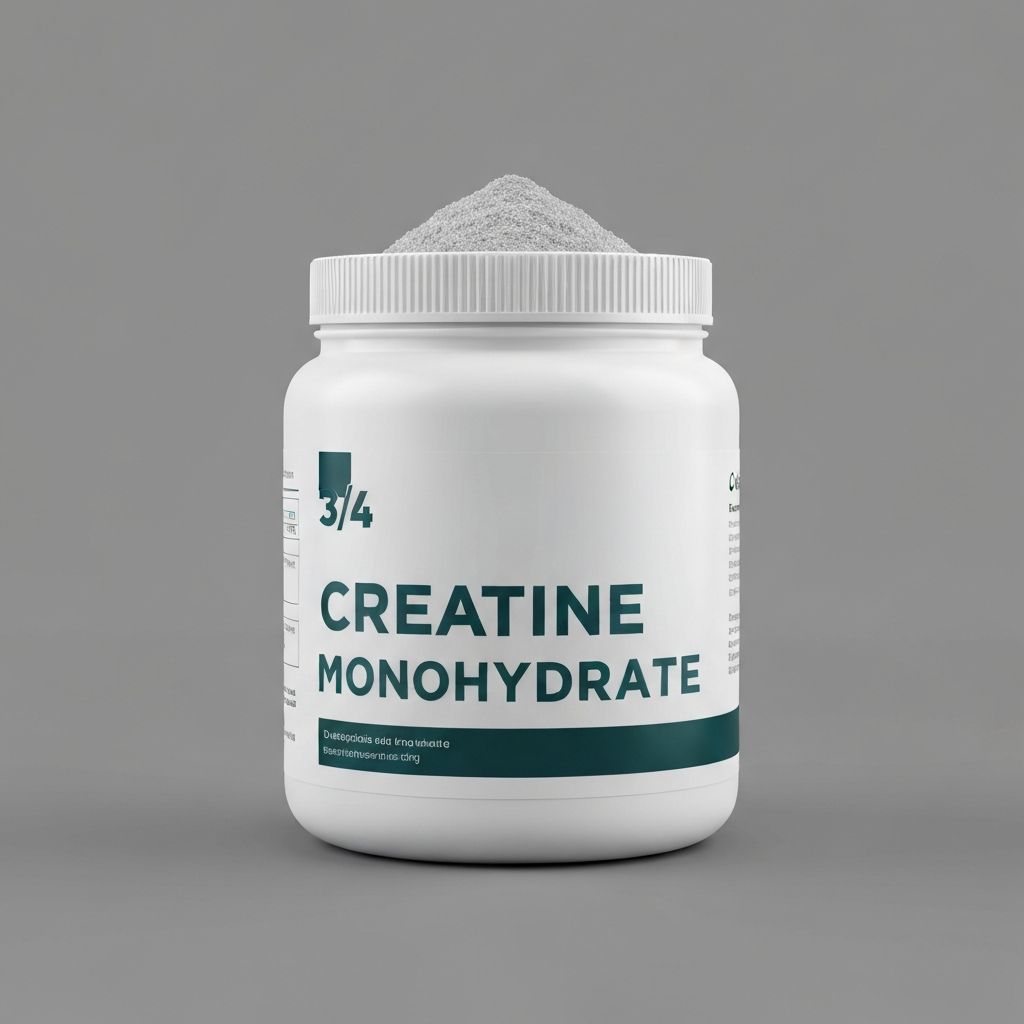 Creatine monohydrate powder container with teal labeling