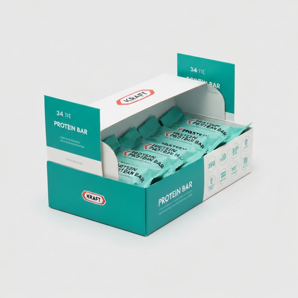 Protein bar box with multiple wrapped bars visible